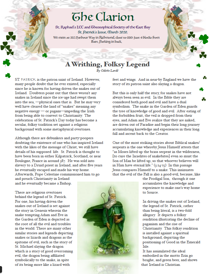 March 2020 issue of The Clarion by the Oakland Lodge of the Theosophical Society, also known as the Theosophical Society of the East Bay